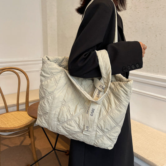 Winter Tote Bag For Women Sewing Rhombus Shoulder Bag High Capacity Commuting Shopping Bag Personalized Handbags
