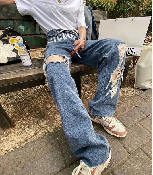 Loose And Simple Blue Printed Ripped Jeans With A Sense Of Design
