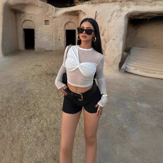 Mesh Long-sleeve Cropped Top With Patchwork Design