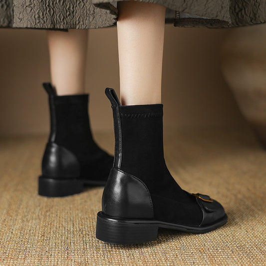 Casual Low Heel Martin Boots Belt Buckle Stitching Short Boots