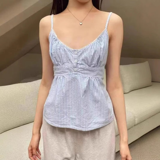 Blue And White Striped Lace V-neck Lace-up Camisole