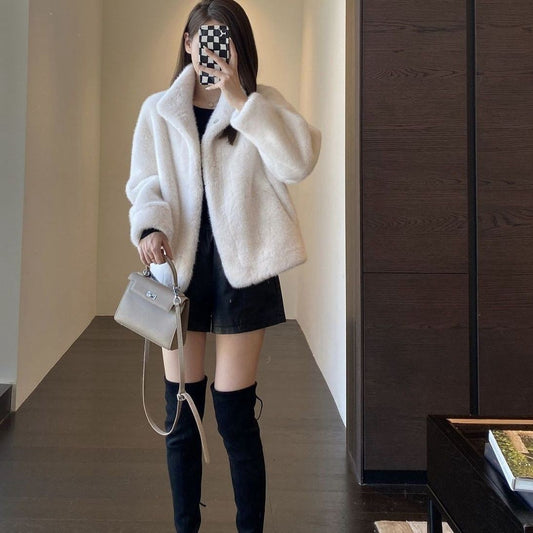 Womens Stylish Loose-fitting Fur-trimmed Collar Coat