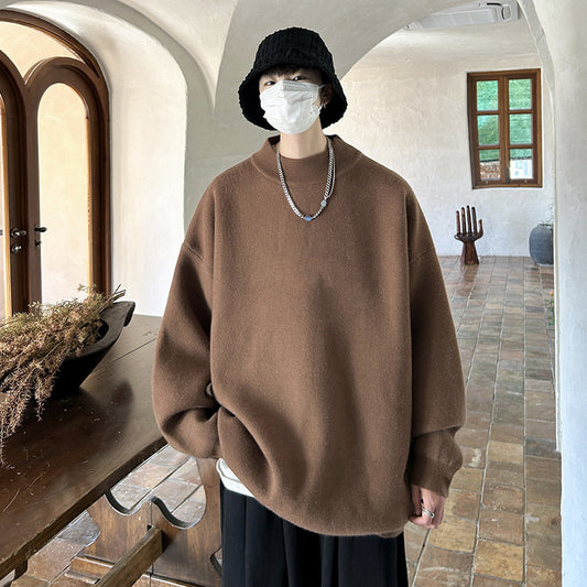 Spring And Autumn Ins Fashion Brand Loose And Idle Solid Color Sweater Round Neck Sweater For Men