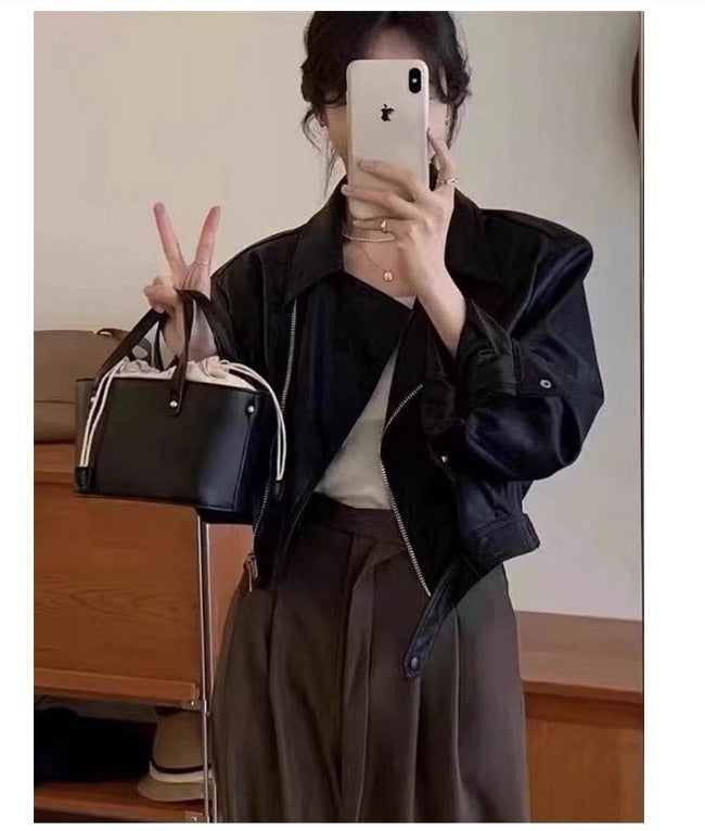 Women's Retro Long-sleeved Leather Coat Jacket