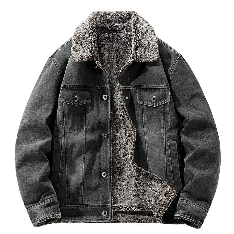 New Men's Denim Fleece-lined Thickened Cotton Clothing Warm Top
