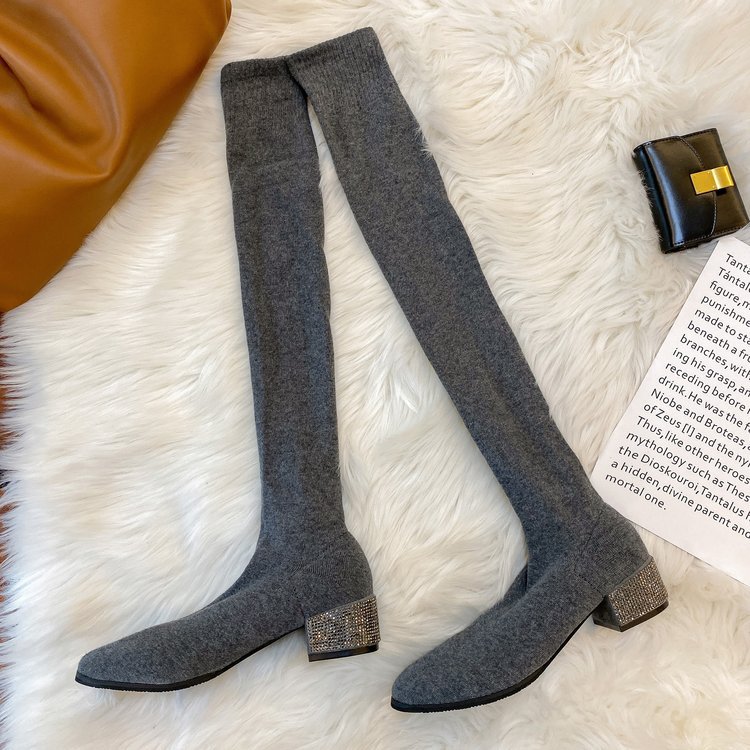 Womens Thigh High Stretch Breathable Pointed Toe Rhinestone Thick Heel Knitting Sock Boots