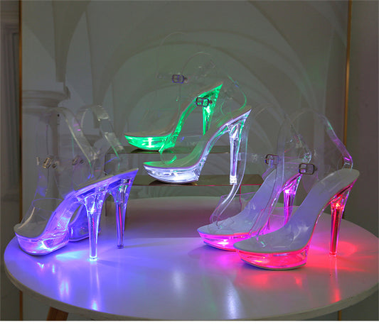 Luminous Stiletto Platform Sheer Model Crystal Sandals