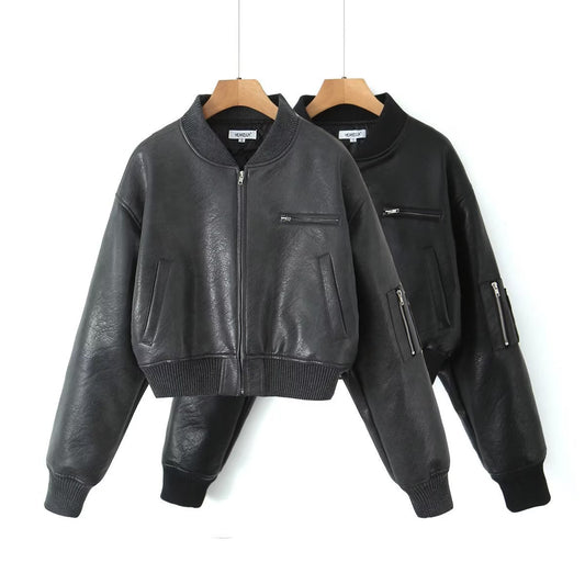 Hot Girl Stand Collar Zipper Short Baseball Uniform Jacket Top