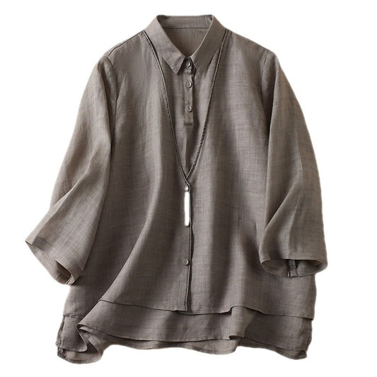 Women's Artistic Retro Fake Two-piece Cotton And Linen Half Sleeves Shirt