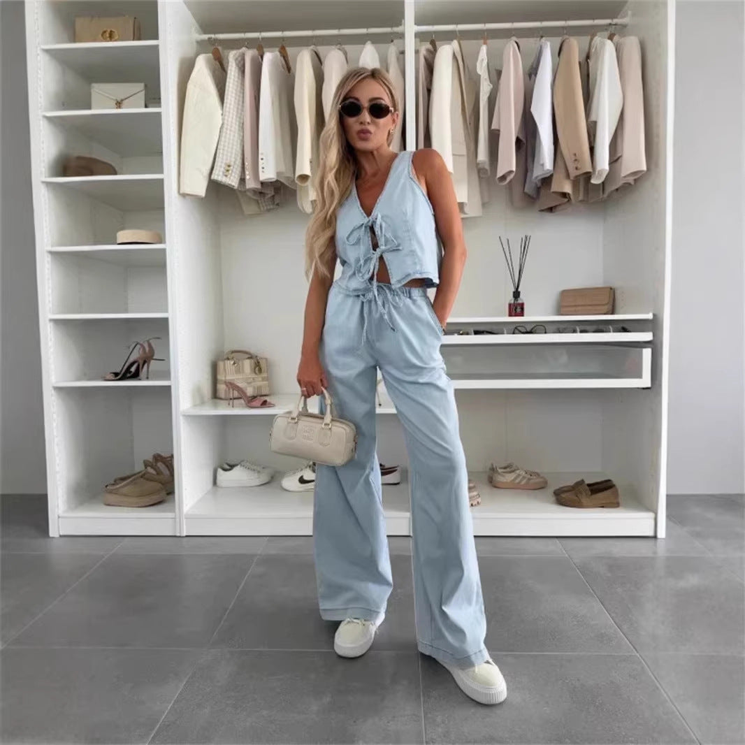 Lace-up Wide-leg Jeans Fashion Denim Set Womens