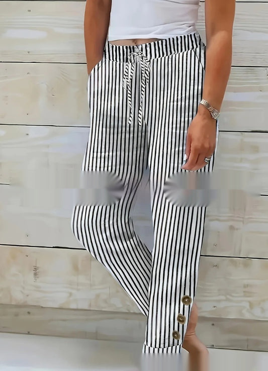 Fashion Striped Cotton Linen Elastic-waist Trousers Decorative Buckle Casual Pants