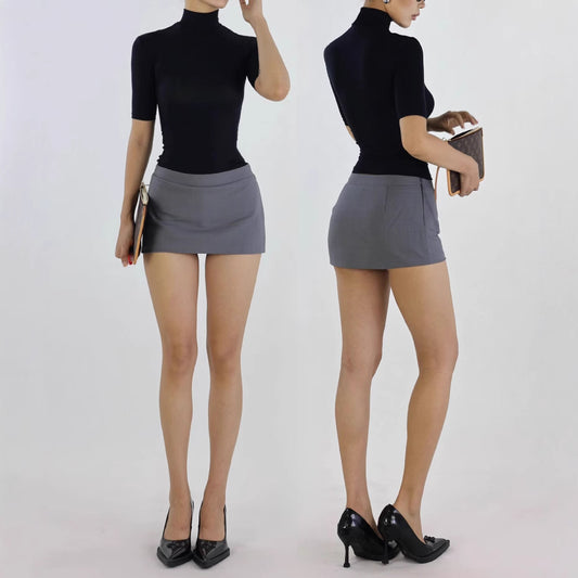Retro Tencel Lycra Skin-friendly Turtleneck Shoulder Half Sleeve