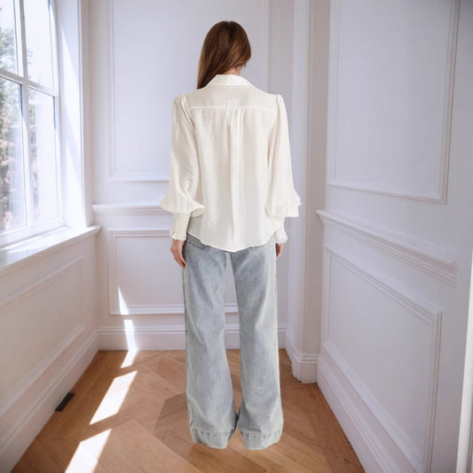 Lantern Sleeve Lace-trimmed White Blouse