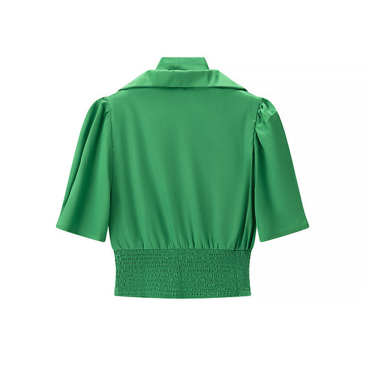 Pleated Elastic Waist Short Top Women Solid Color Waist-cinching