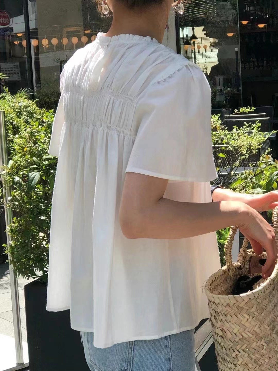 Cute Youth-looking Round Neck Pleated Doll Shirt Short Sleeve Shirt