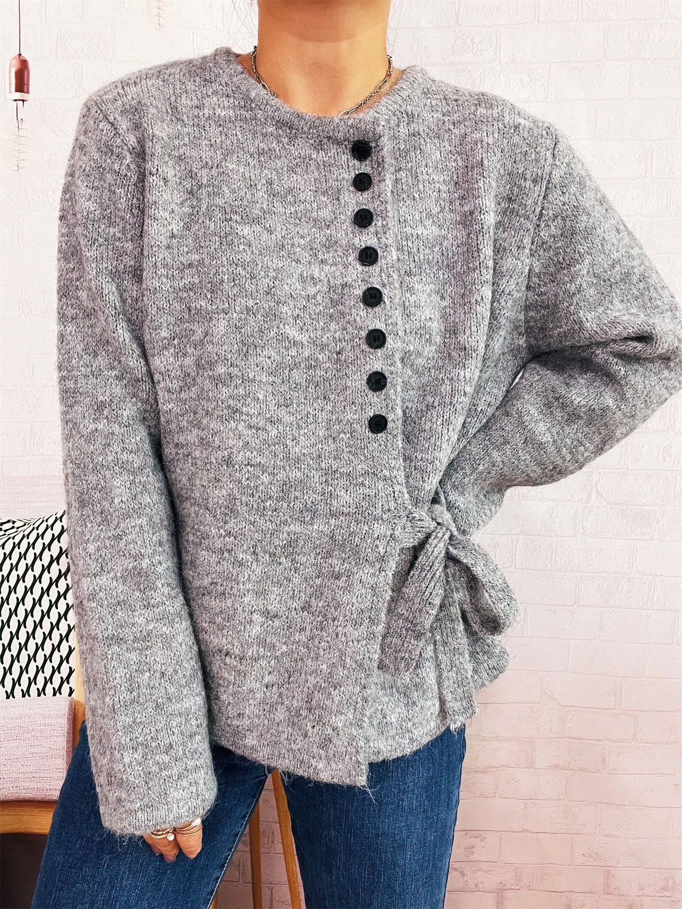 Elegant Commuter Single-breasted Strap Knitwear Slim Fit Sweater
