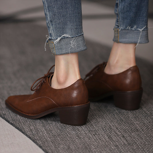 Women's Mid Heel Brown Deep Mouth Leather Pointed Toe Work Shoes