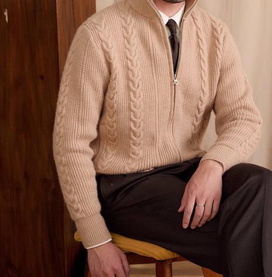 Autumn And Winter British Stand Collar Versatile Cable Knit Cardigan
