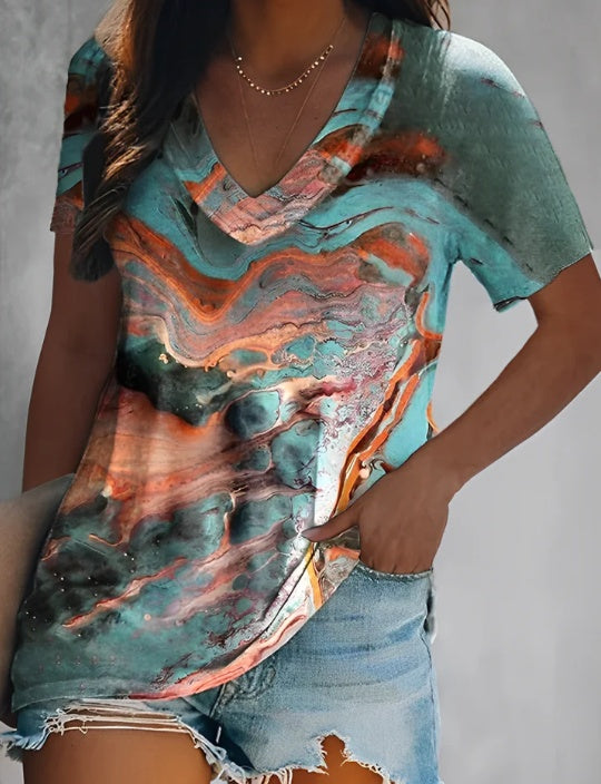 Round Neck Short Sleeve Loose 3D Print