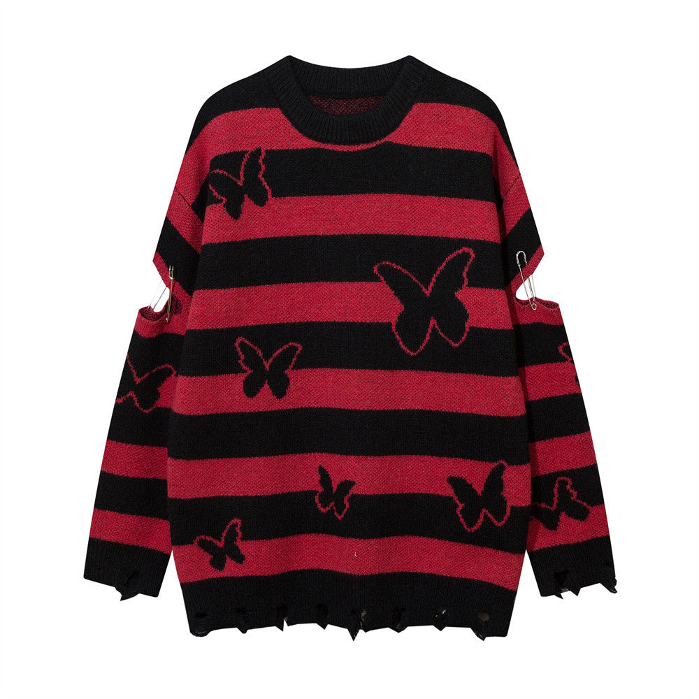 Stribet Kontrastfarvet Sommerfugl Rund Hals Sweater Efterår Og Vinter
