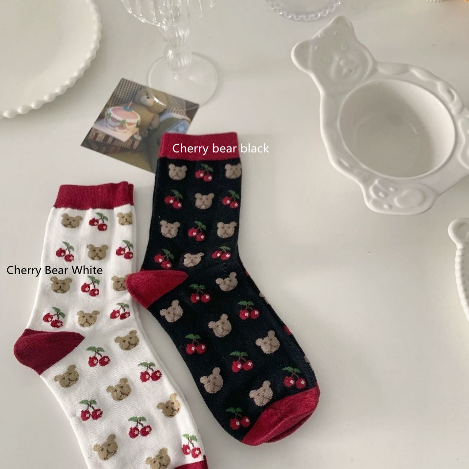 Bear Socks Female Japanese Cute Cherry Tube Socks Ins Tide
