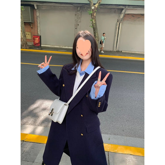 Navy Blue Womens Structured Wool Coat With A Refined Shoulder-Enhancing Design