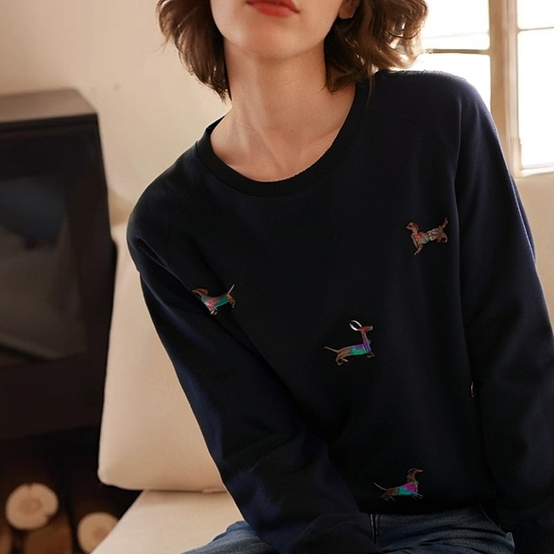 Broderet Gravhund Hund Løstsiddende Oversized Rundhalset Pullover Fleecetrøje