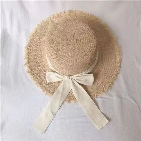 Women's Seaside Elegant Japanese Bow Flat Raffia Hat
