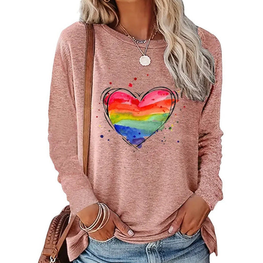 Gradient Color Long Sleeve Loose Fitting Casual Top With A Round Neck And A Heart Print