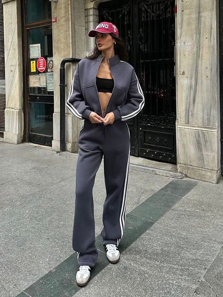 Contrast-color Sweatshirt Cardigan And Pants Set For Women
