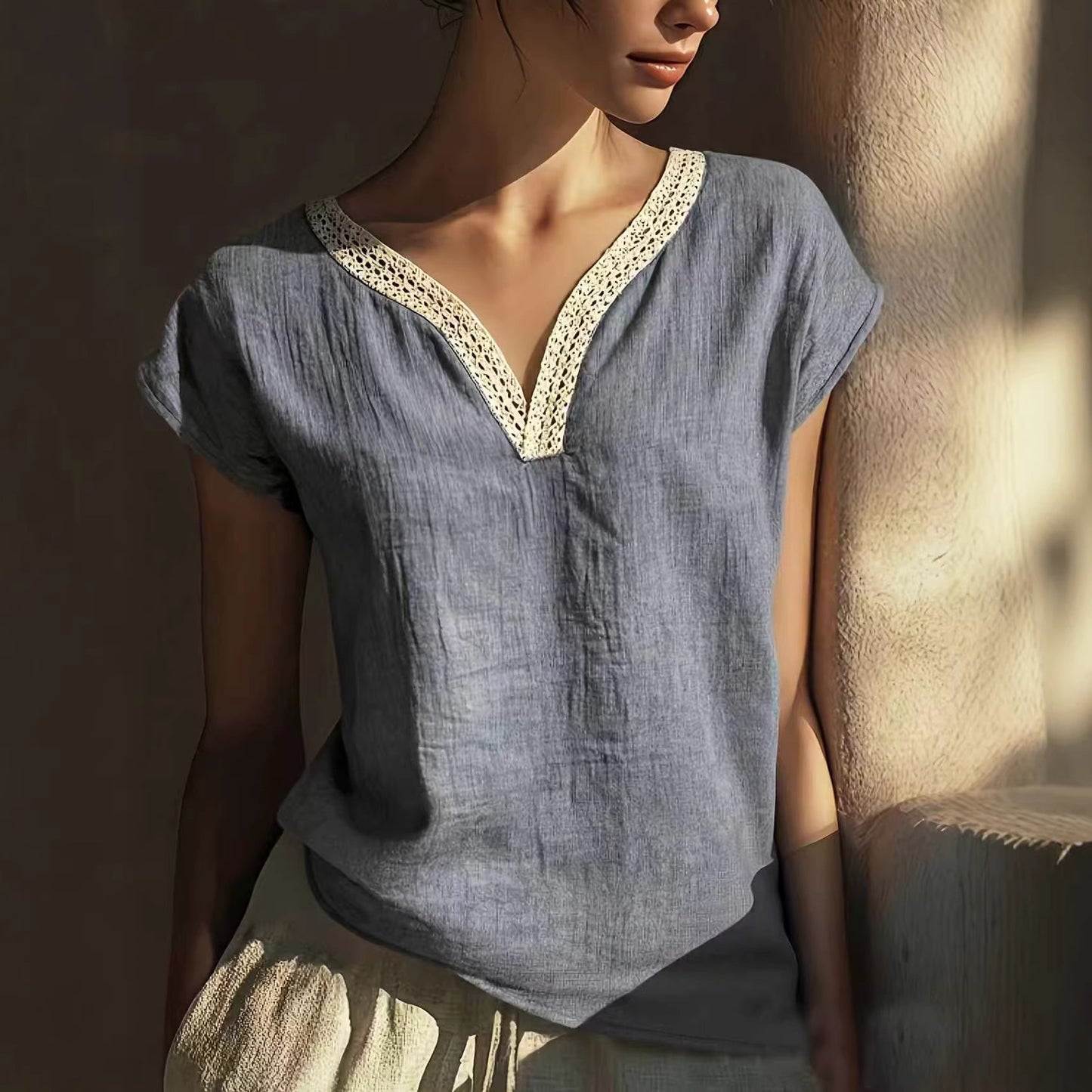 Bohemian Vintage Lace V-Neck Cotton-Linen Blouse