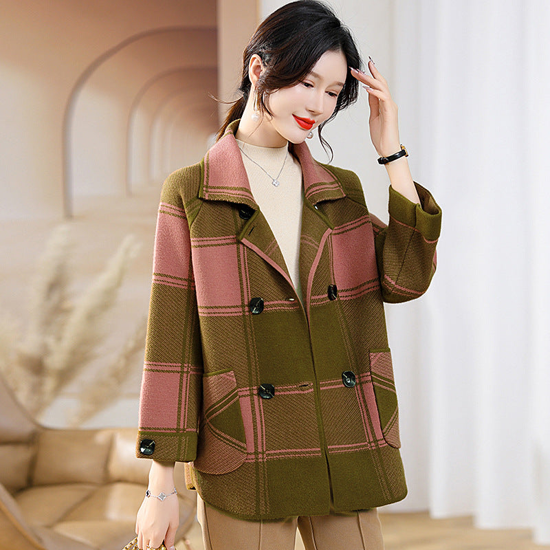 Fashionable Stylish Plaid Knitted Cardigan Coat