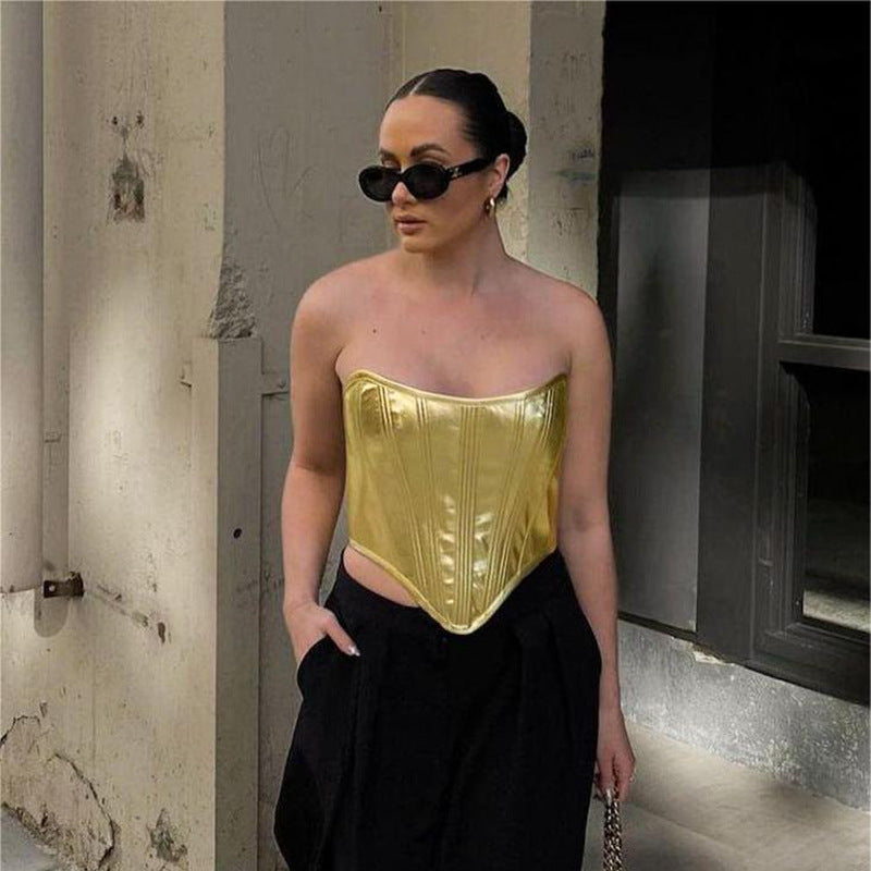 Solid-color Glossy Leather Cropped Tube Top For Women