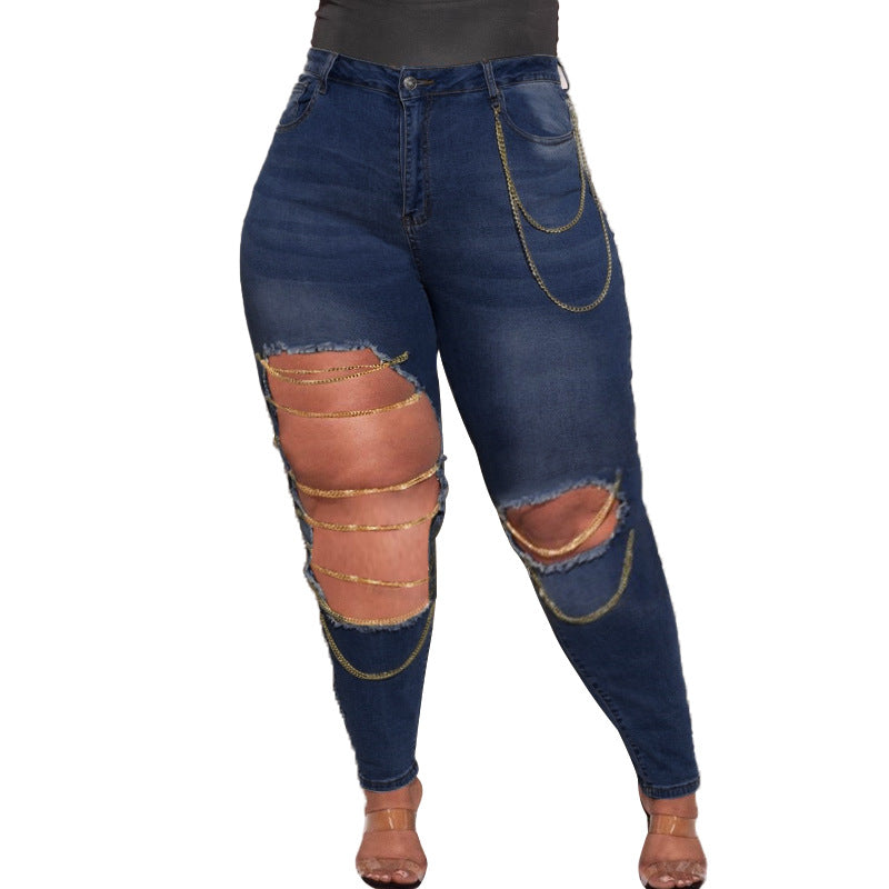 Slim Fit Ripped Kæde Vasket Oversized Jeans Høj Stretch