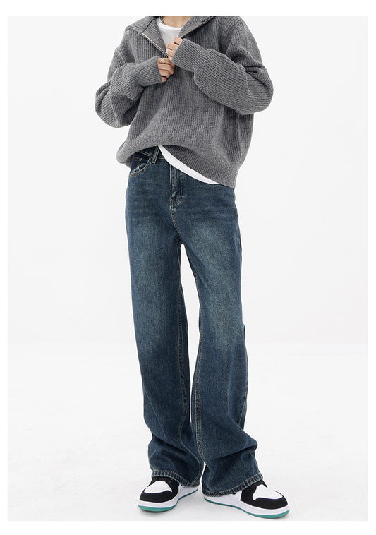 Retro Blue Jeans Women's Gradient High Waist Straight Casual Pants