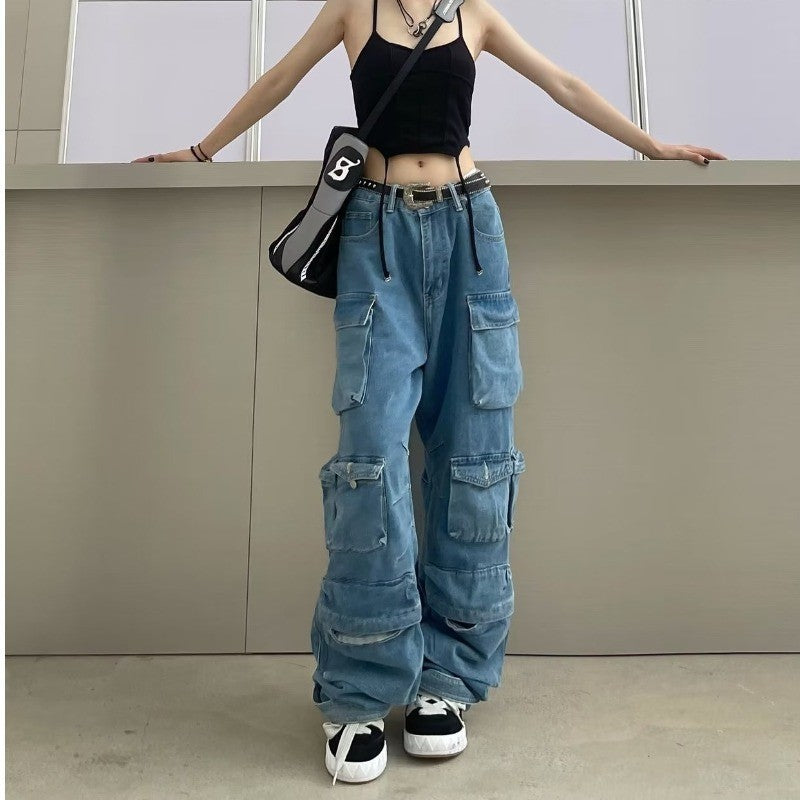 Women's Fashionable Wear And Wear Multi-pocket Washed And Worn Wide-leg Pants