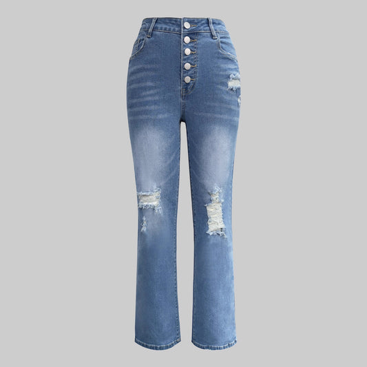 Dame Højtaljede Lige Jeans med Knaplukning