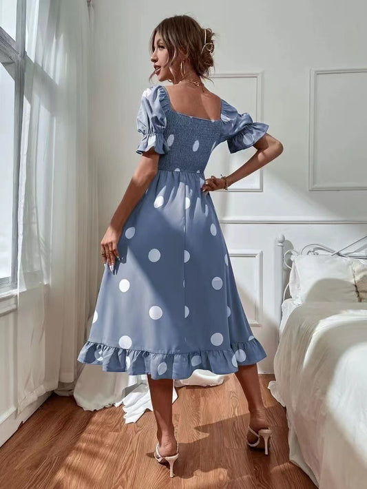 Big Round Dot Slim Fitting Sweet Ruffled Short Sleeved Dress