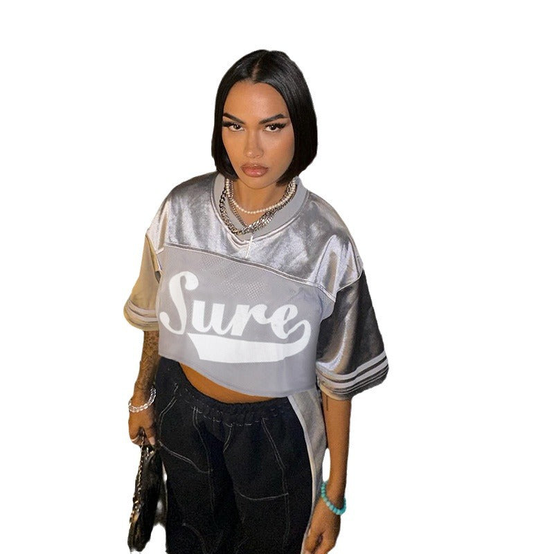 Printed Mesh Cloth Patchwork Round Neck Pullover Loose-fitting Cropped Top