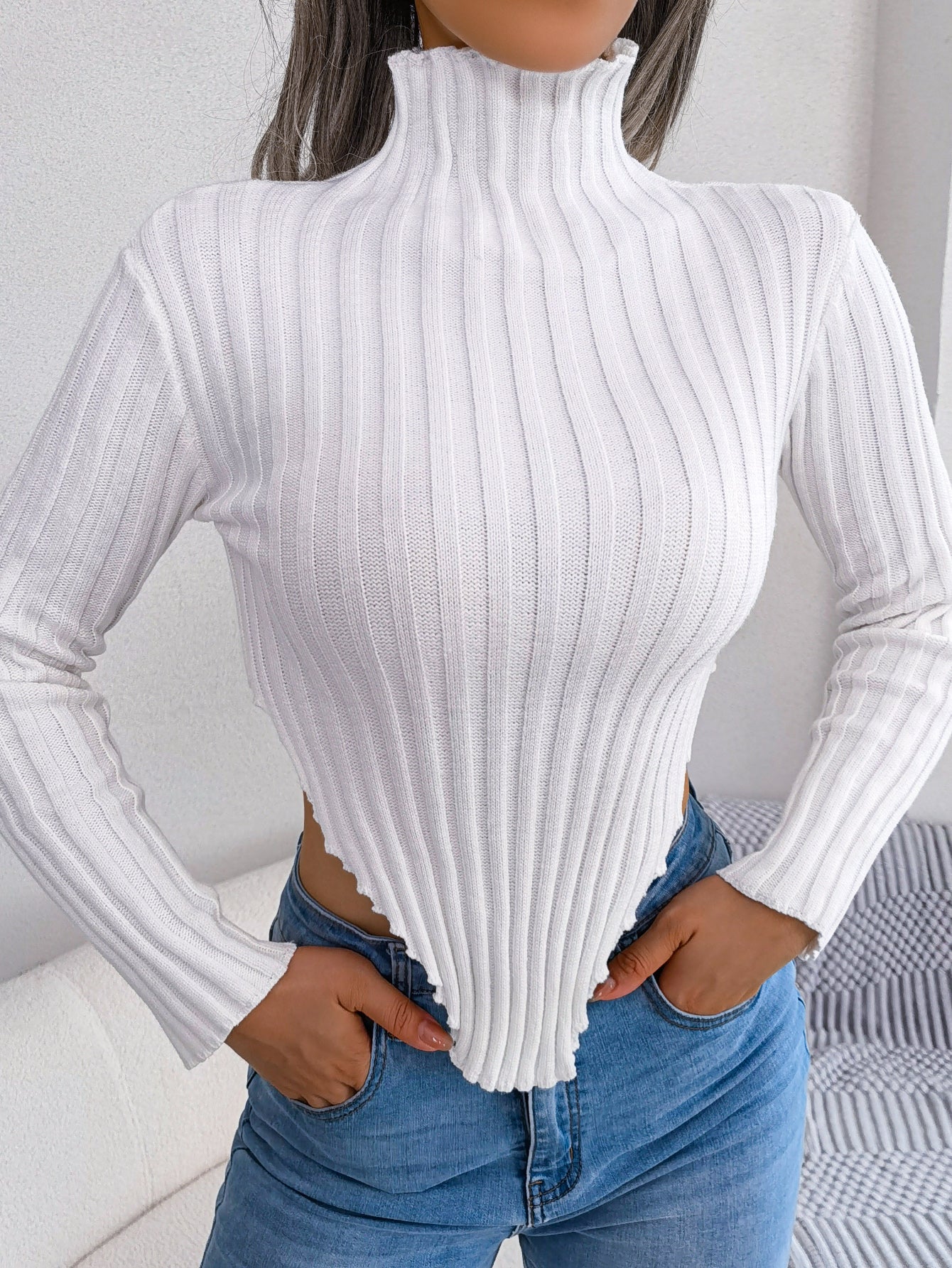 Women Sexy Half Turtleneck Asymmetric Long Sleeve Knit Top