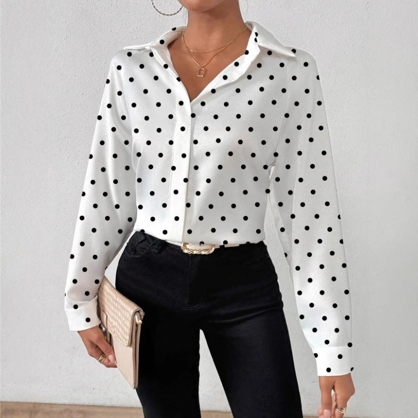 Womens Black And White Polka-Dot V-Neck Long-Sleeve Shirt