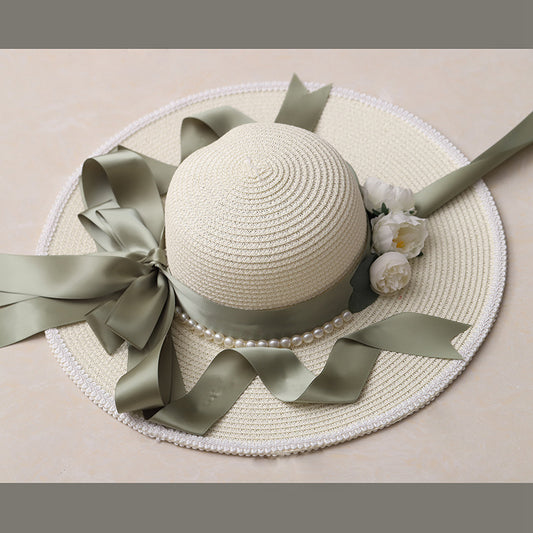 Flower Straw Women's Sun Hat Sunscreen Big Brim Hand-made Bow