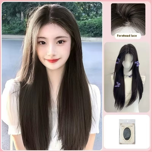 Breathable Mid-length Black Long Straight Forehead Lace Wig