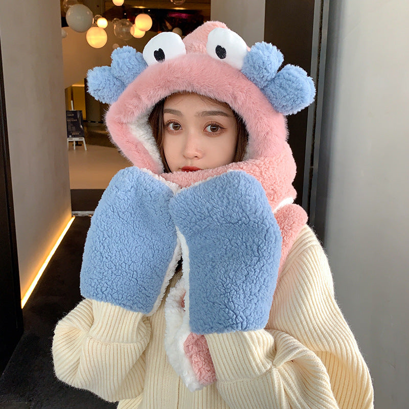 Winter Cute Crab Scarf Gloves Three-in-one Plus Velvet Thickened One-piece Hat
