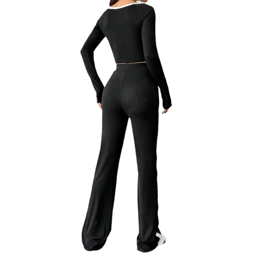 Casual Slim-fitting Patchwork Black And White Long Sleeve Trousers Suit