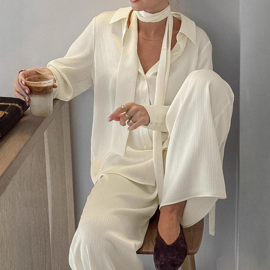 French Niche Design Yellow Long-Sleeve Loose Shirt And Pants Set