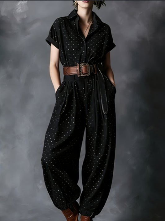 Gold Polka Dot Collared Waist-Cinched Wide-Leg Jogger Jumpsuit