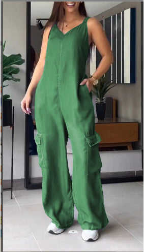Europæiske og amerikanske tynde jeans med lomme og V-hals-jumpsuit