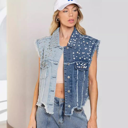 Splicing Beads Loose Women's Short Denim Vest
