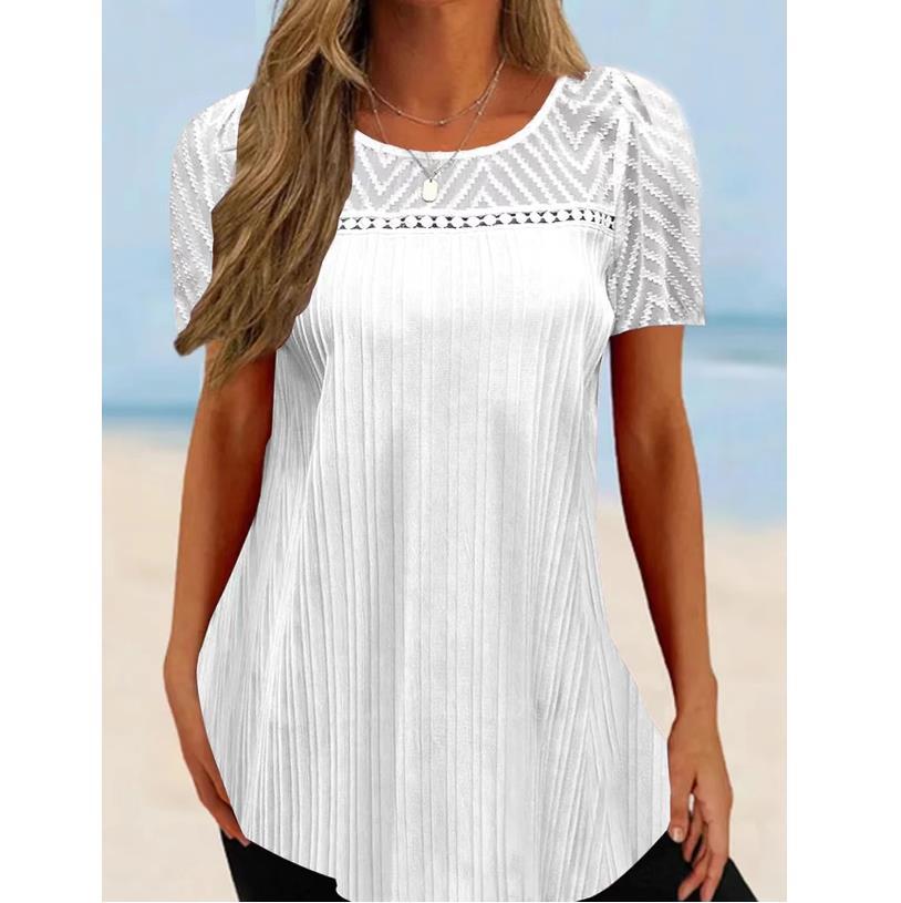 Pullover Round Neck Lace Patchwork Short-sleeved T-shirt Women